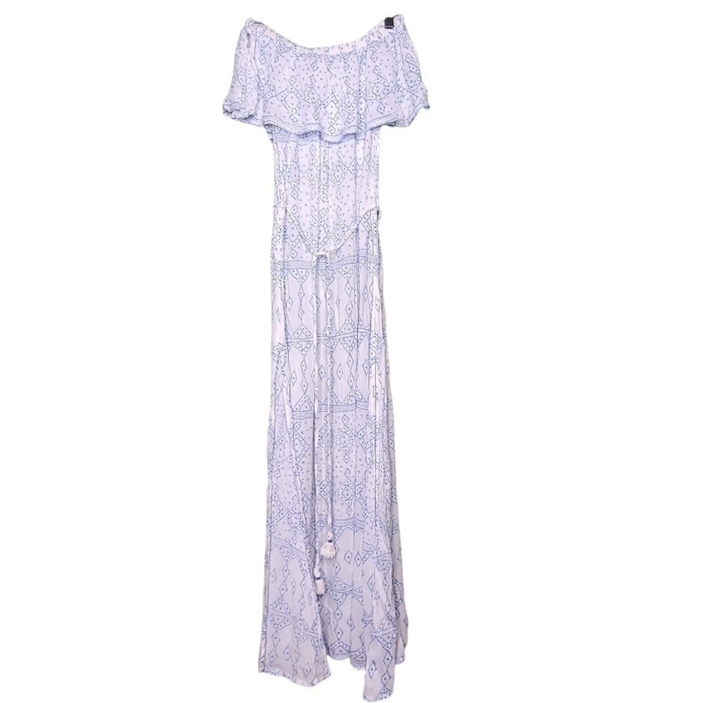 Beachgold Off Shoulder Maxi‎ Dress Blue White Ruffle Tie Waist Beach Resort XS